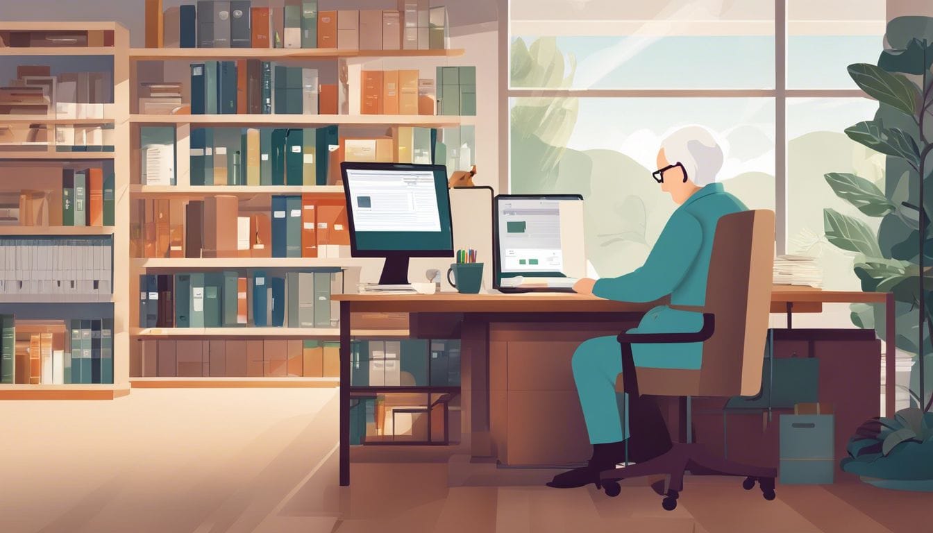 Een senior verzorger beheert financi&euml;le gegevens op een computer in een rustig verpleeghuis.