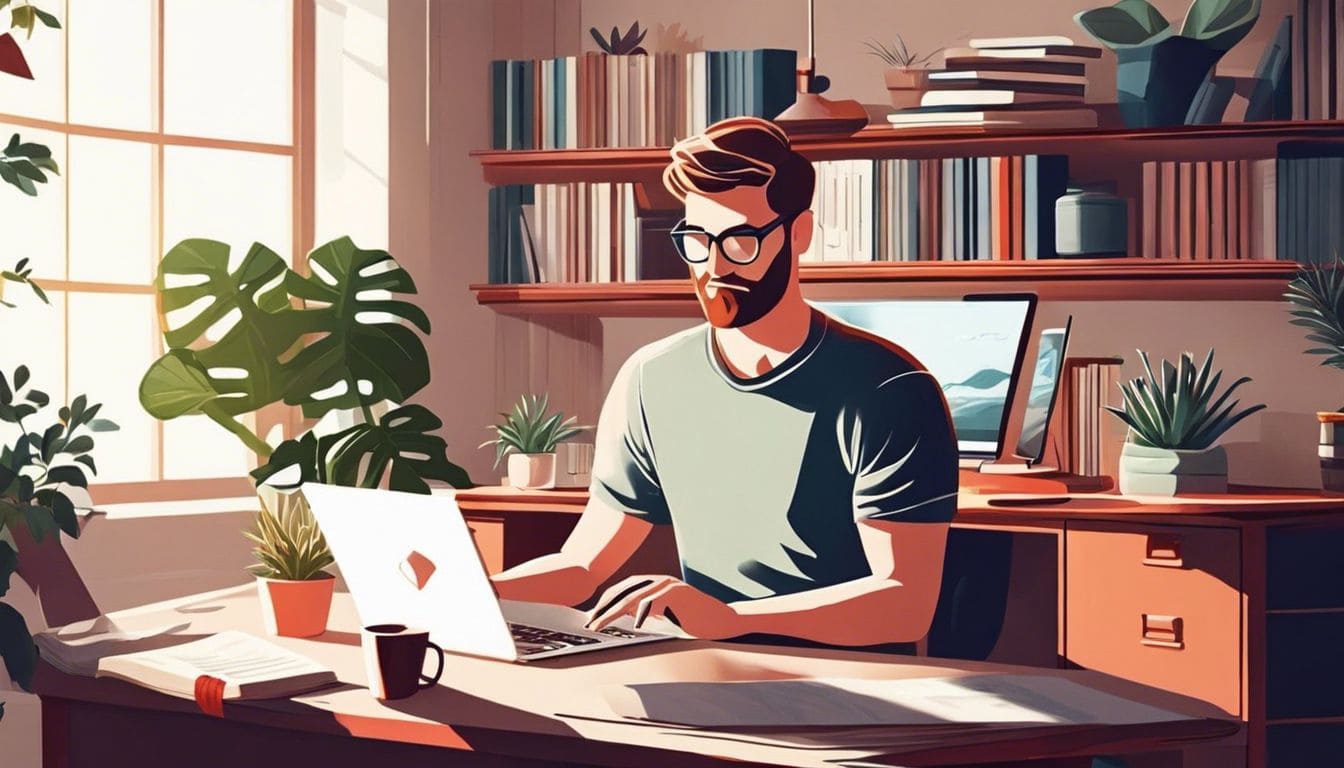 Een persoon werkt op een laptop in een gezellig thuiskantoor.