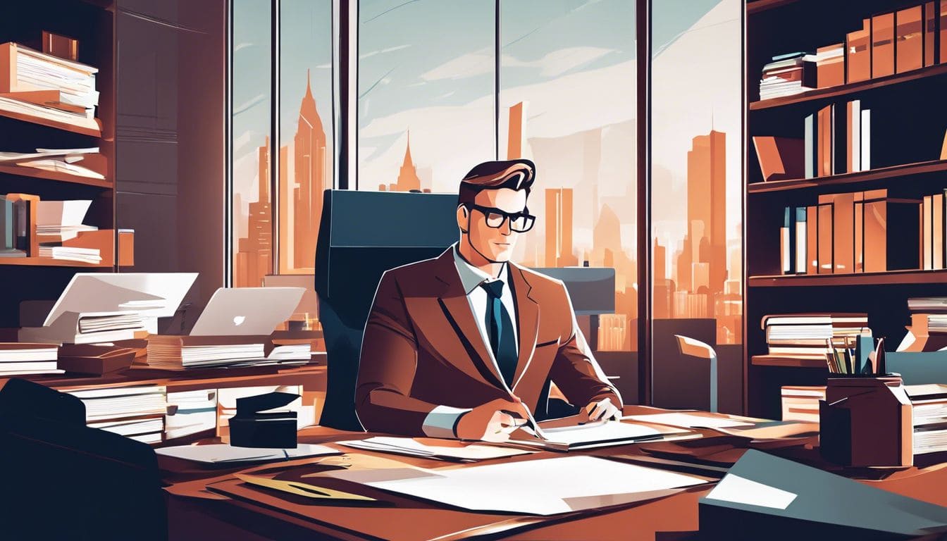 Een zakenman zit aan een bureau omringd door documenten en een computer.