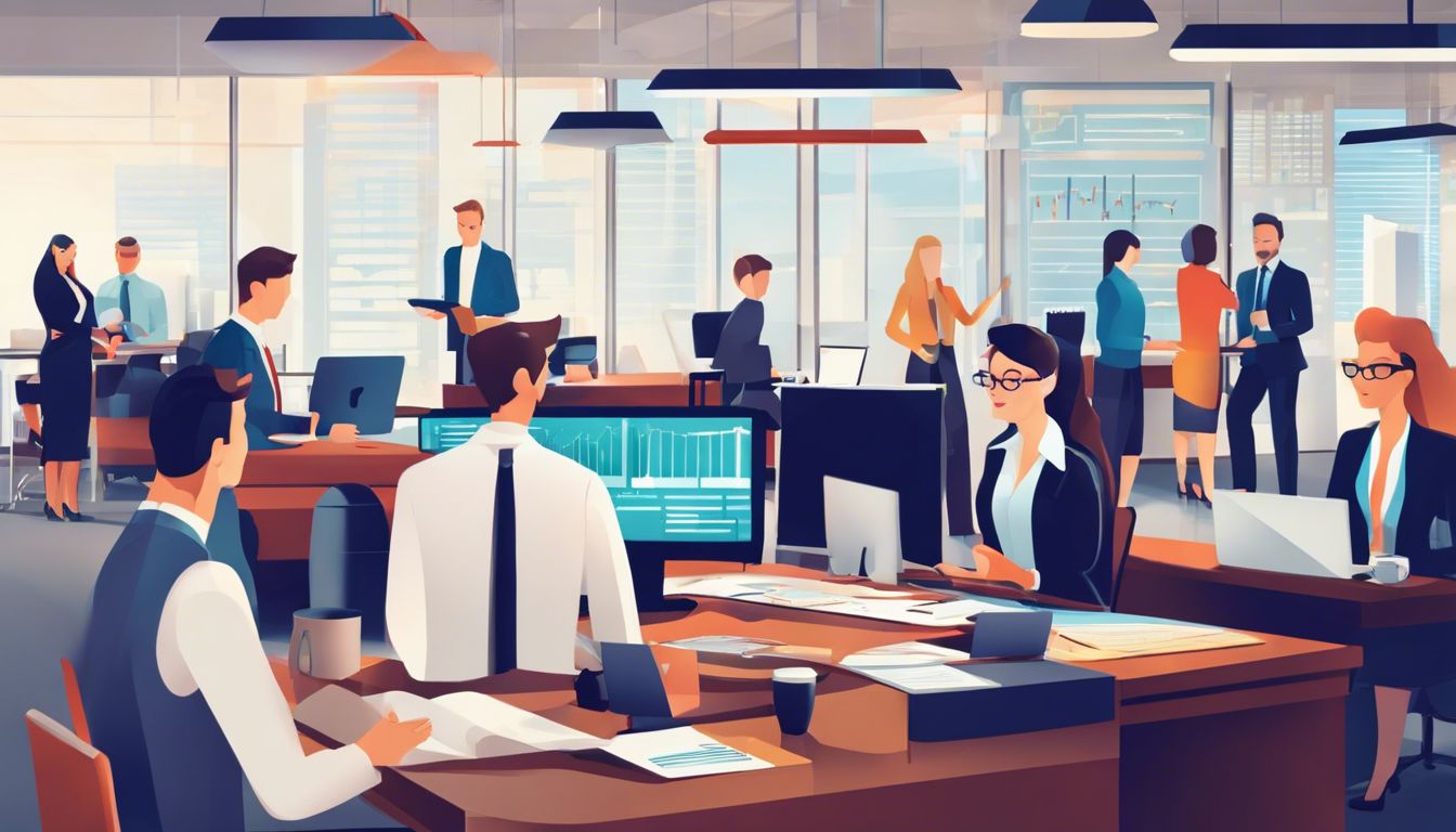 Een professionele accountant bespreekt AFAS-software met een cli&euml;nt in een modern kantoor, terwijl collega's op de achtergrond werken.