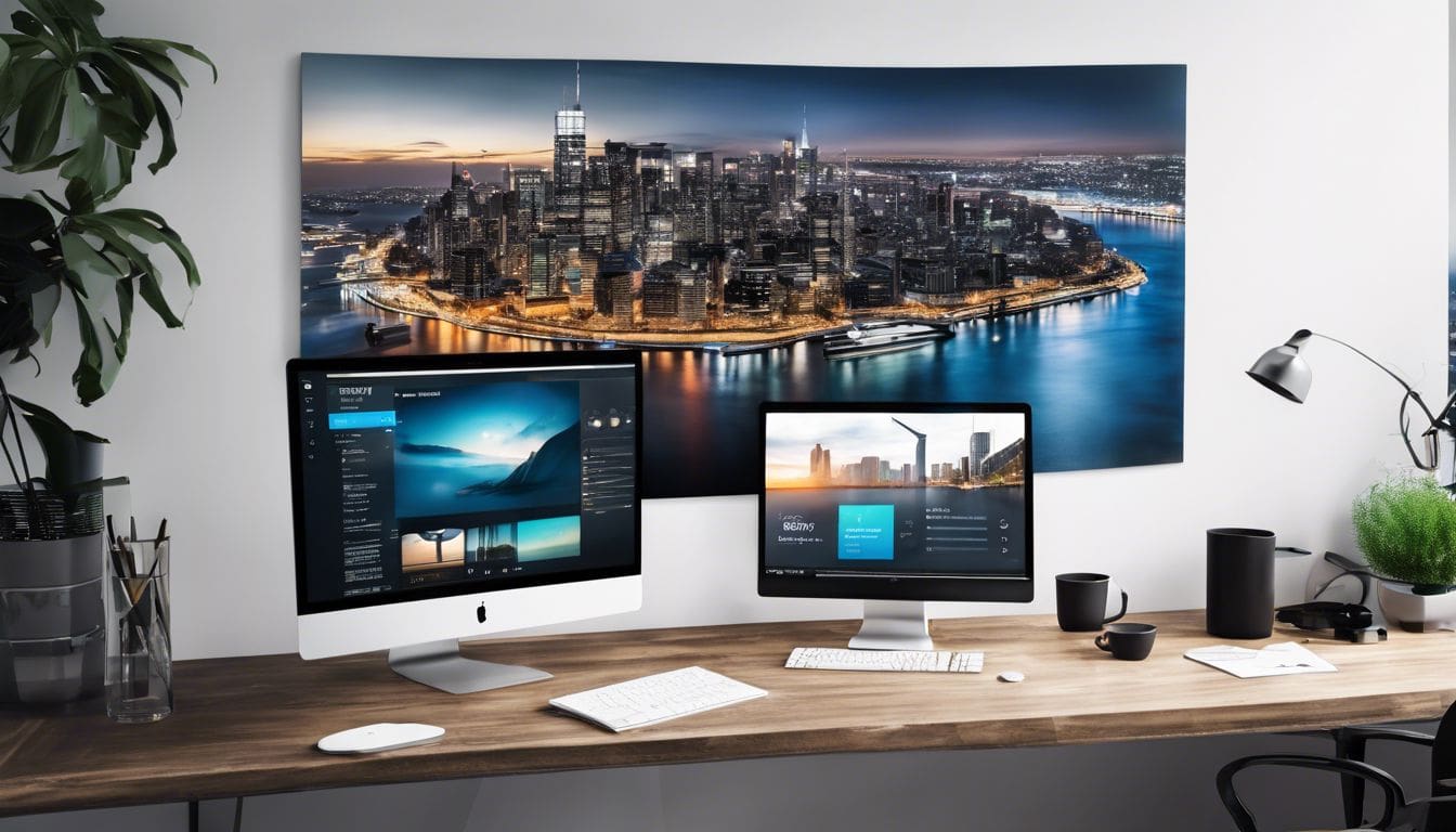 Een moderne kantoorwerkplek met computer en stadsgezichtfotografie aan de muur.