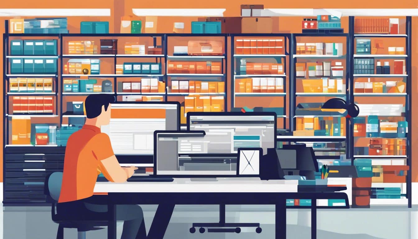 Een ondernemer analyseert voorraad met een computer in een magazijn.