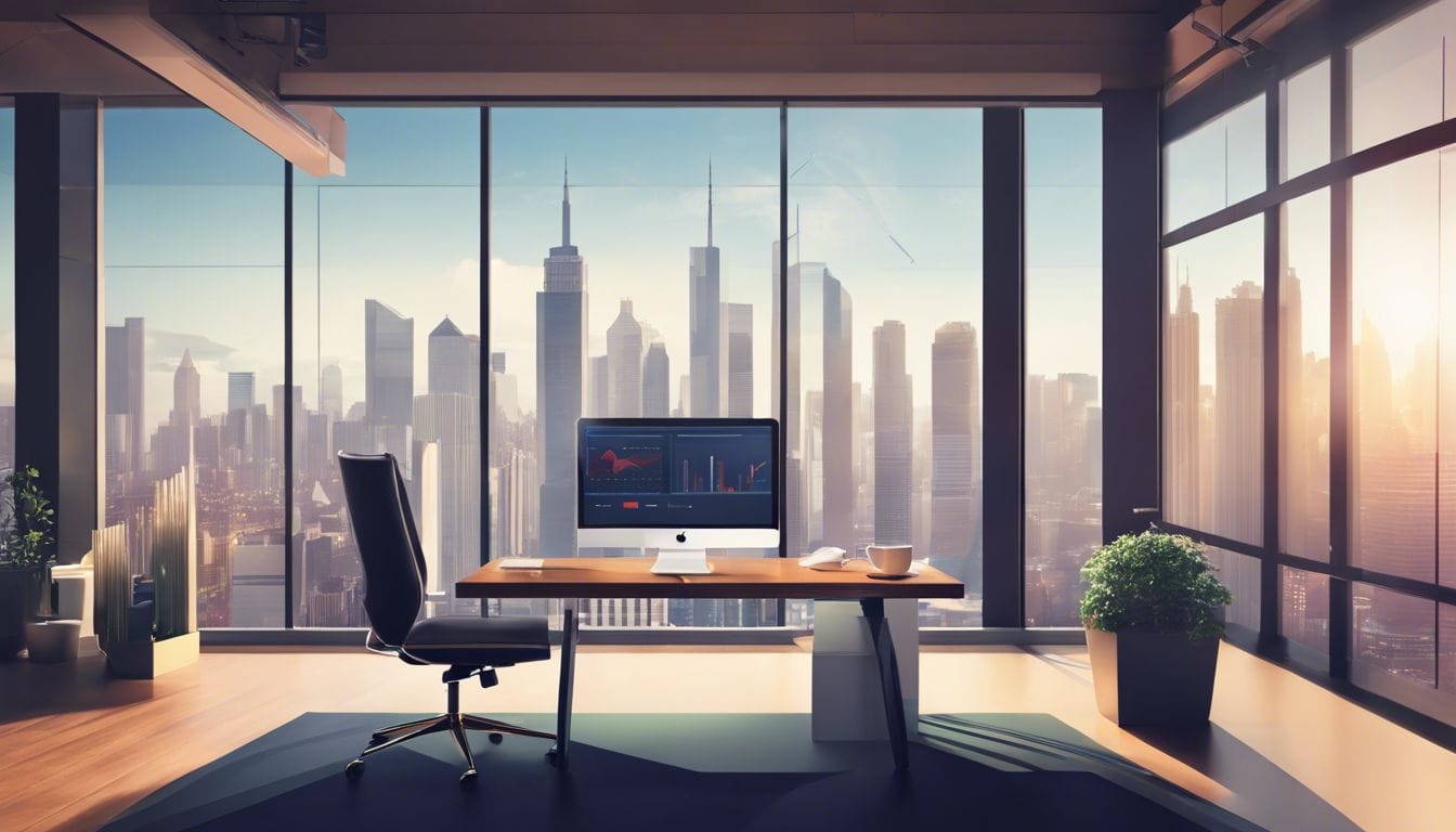 Een persoon die boekhoudsoftware gebruikt op een MacBook in een modern kantoor met uitzicht op de stad. Een persoon die boekhoudsoftware gebruikt op een MacBook in een modern kantoor met uitzicht op de stad.