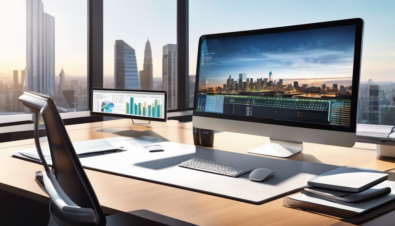 Moderne en professionele kantooromgeving met computer en stadsgezicht.