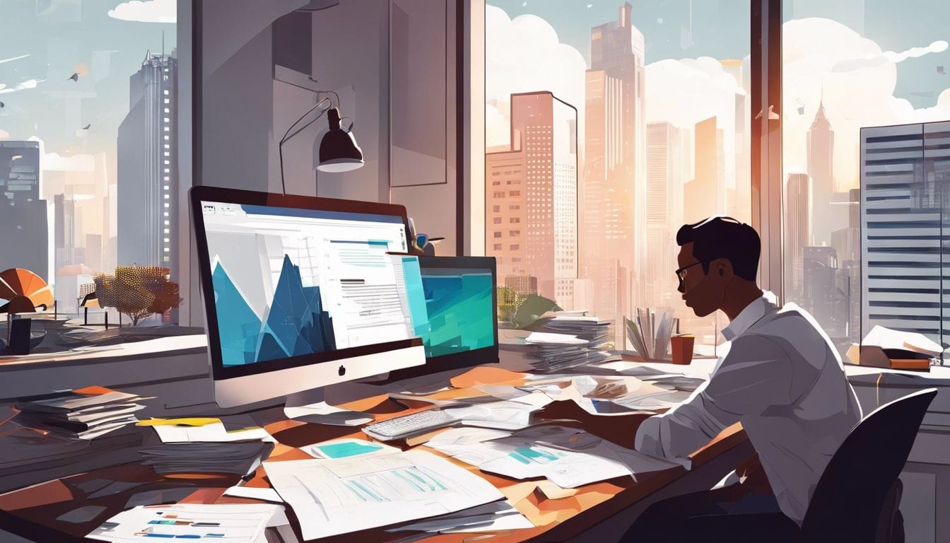 Een persoon zit gefocust aan een bureau met rommelige papieren en een computer.