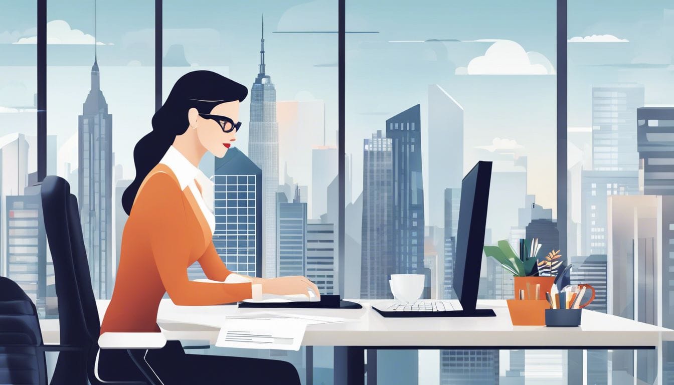 Een zakeneigenaar vergelijkt online boekhoudsoftwareopties op een modern kantoor.