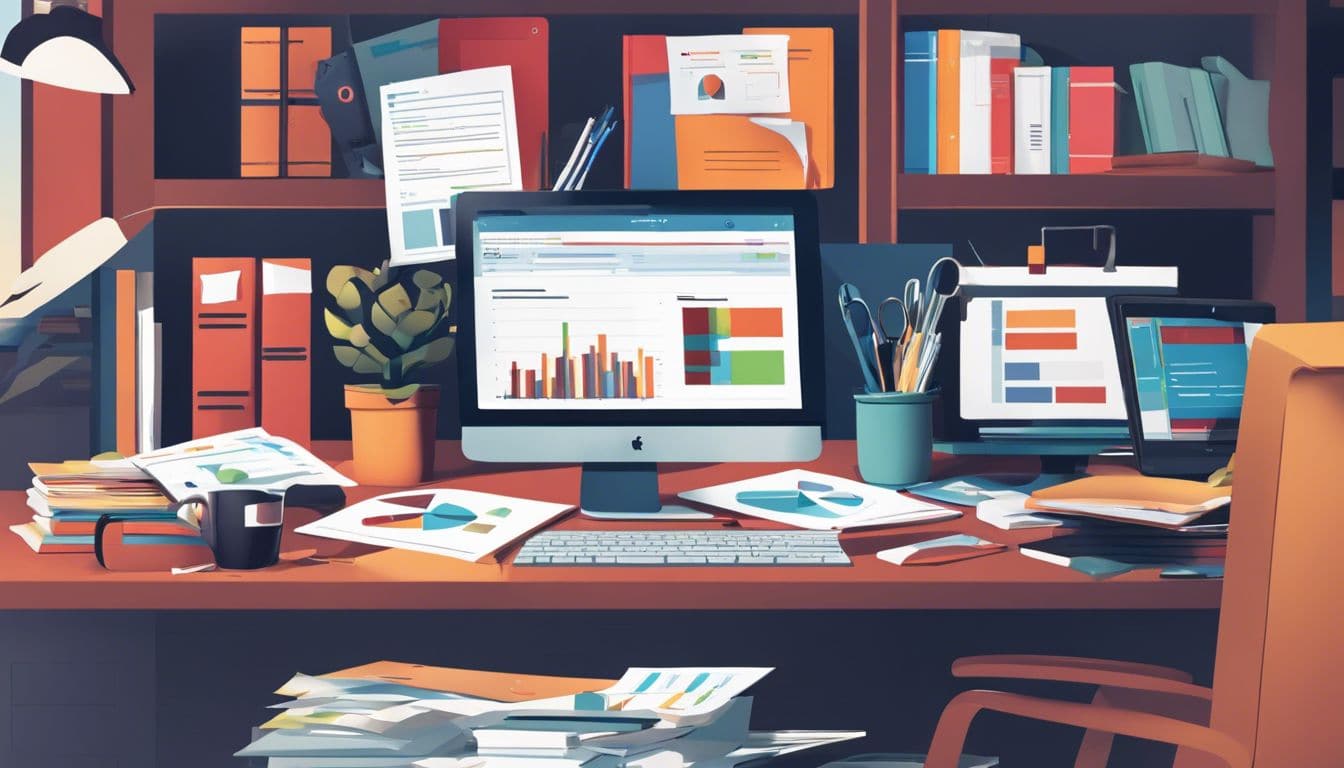 Een persoon vergelijkt verschillende boekhoudsoftware op een rommelig bureau.