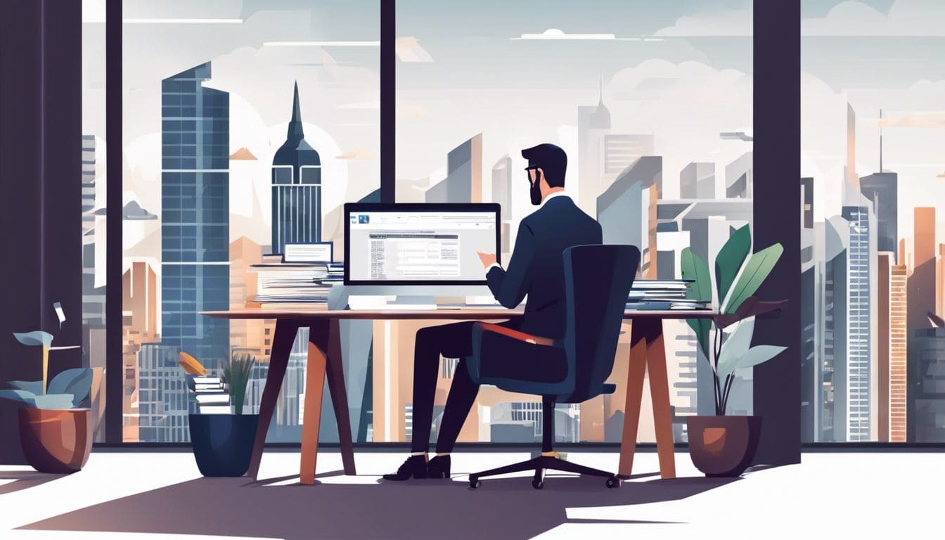 Een accountant zit aan een modern bureau omringd door financi&euml;le documenten.