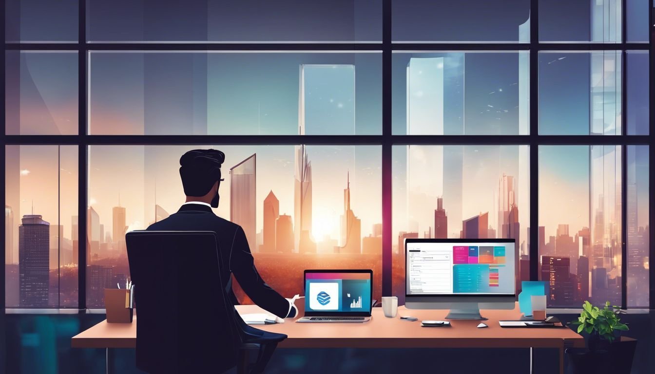 Een jonge ondernemer vergelijkt boekhoudsoftware in een modern kantoor.