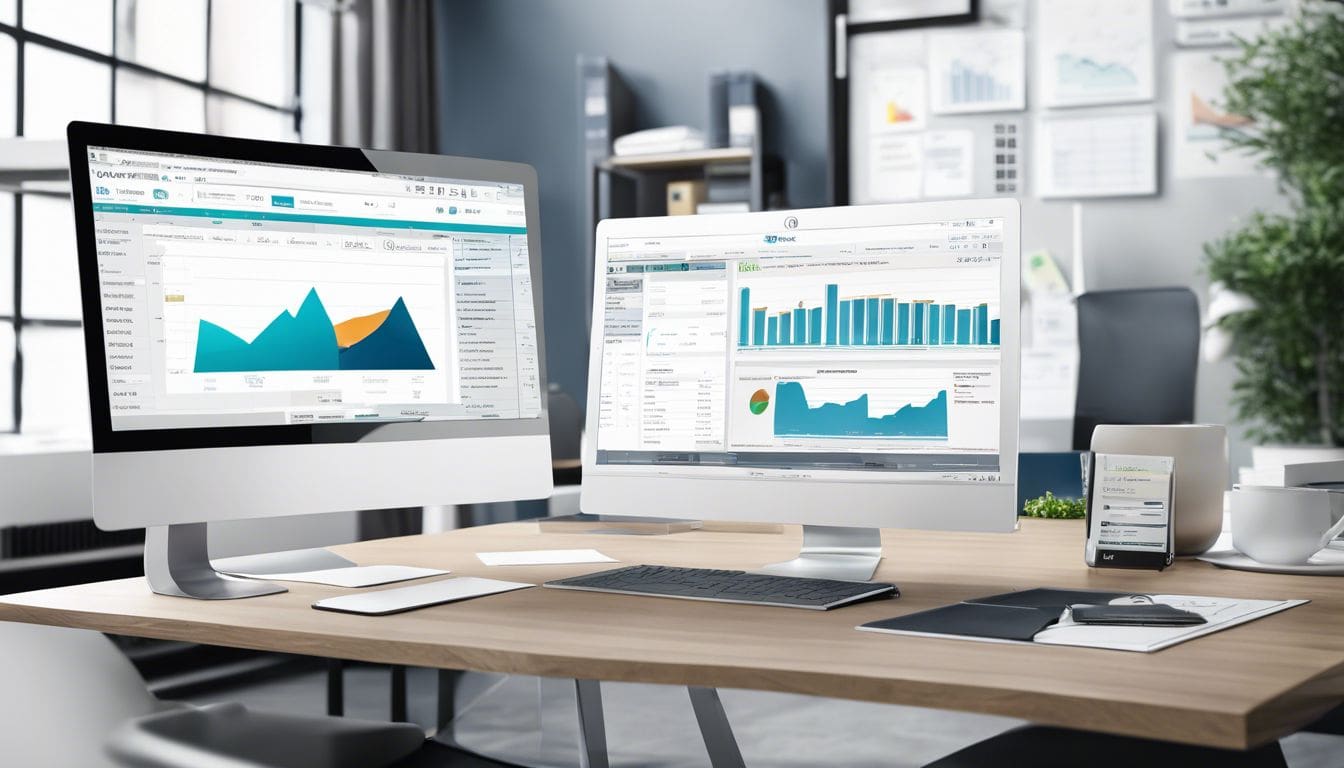 Een modern kantoorbureau met Kluwer-accounting software en georganiseerde financi&euml;le documenten.