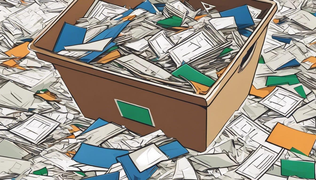 Versnipperde documenten in een recycling bak in een rommelig kantoor.