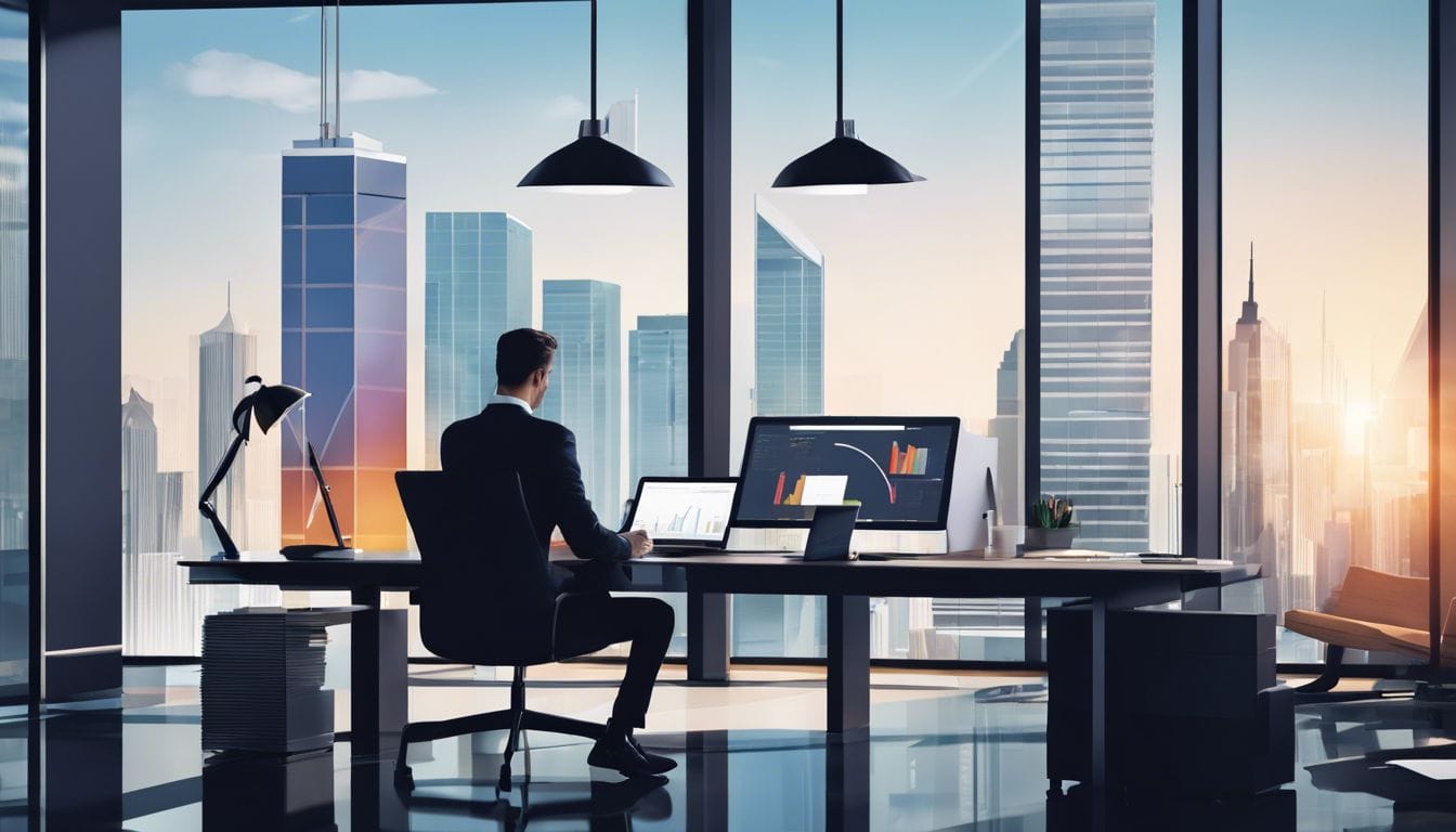 Een zakeneigenaar analyseert financi&euml;le rapporten in een moderne kantoorruimte.
