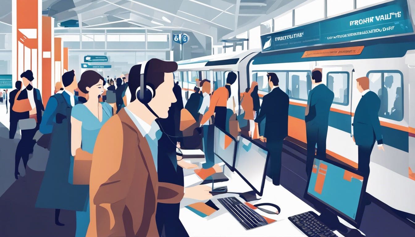 Persoon zoekt hulp bij klantenservice op druk treinstation.