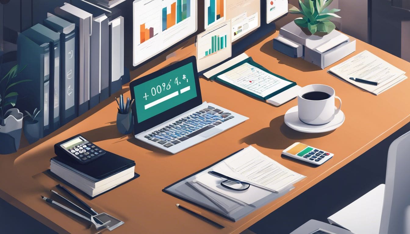 Een georganiseerd bureau met computer, financi&euml;le documenten en calculator, stadsgezichtfoto.