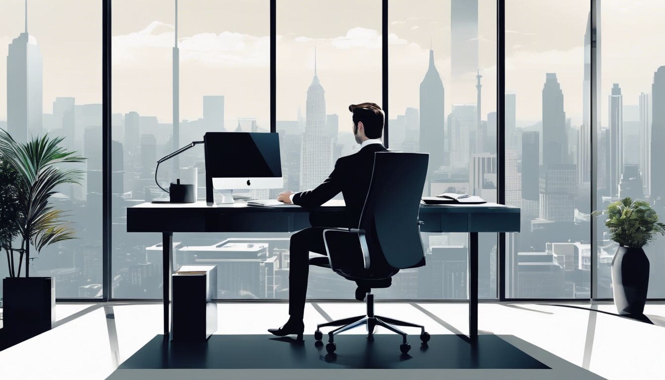 Een professionele zakelijke beheerder werkt in een modern kantoor met uitzicht op de stad.