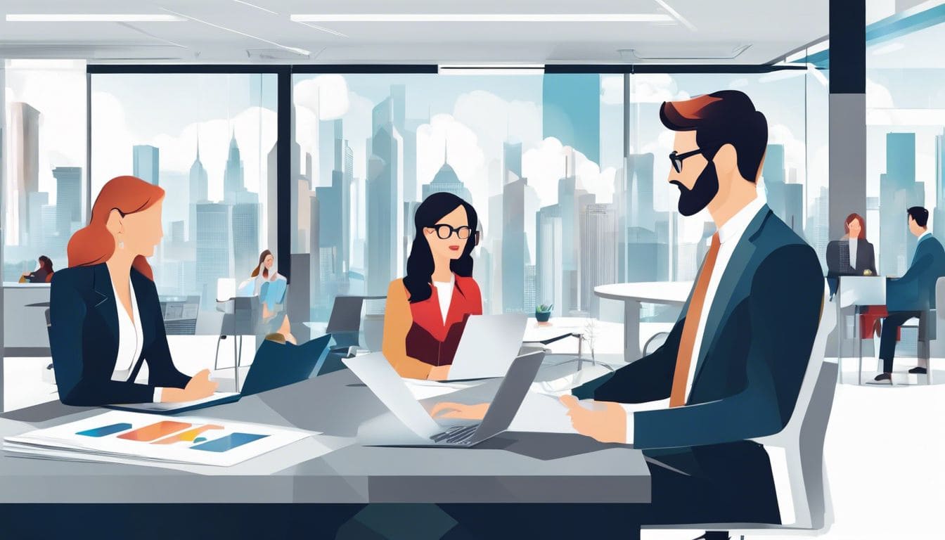 Een diverse groep professionals bespreekt zakelijke strategie&euml;n in een modern kantoor met stadsgezichten op de achtergrond.