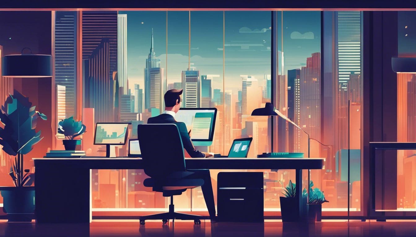 Een persoon voert effici&euml;nt financi&euml;le transacties uit op een net bureau, met een stad als achtergrond.