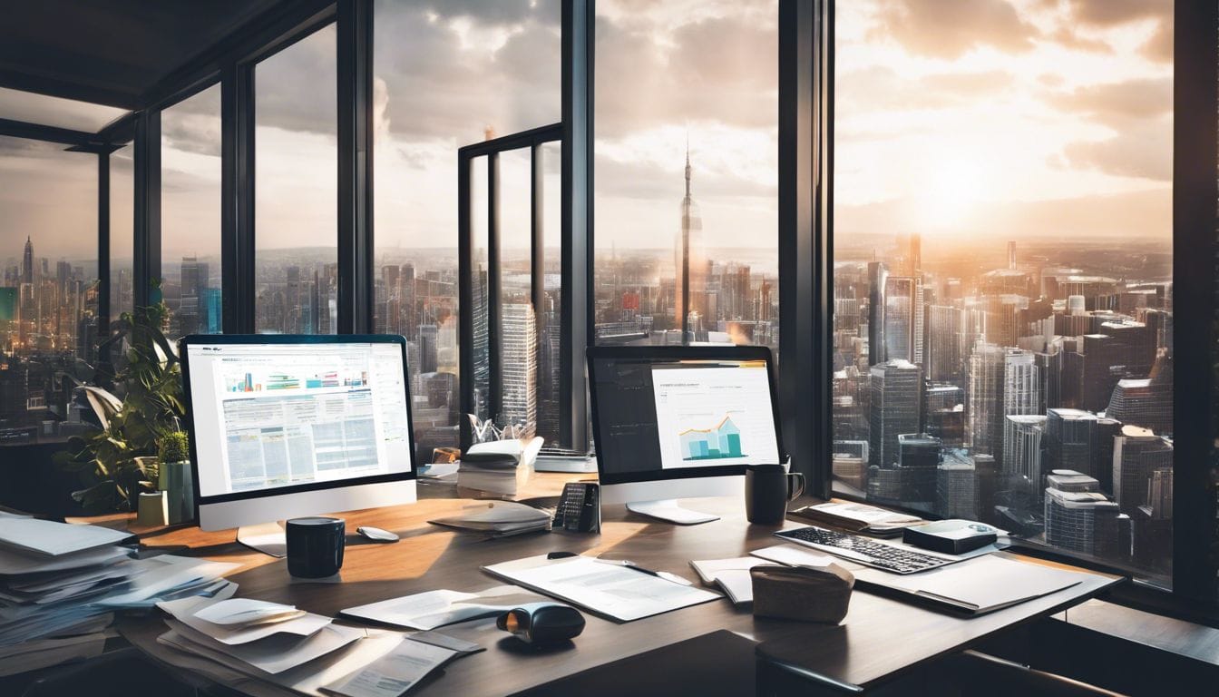 Een moderne kantoorwerkplek met computer en financi&euml;le documenten, met uitzicht op de stad.