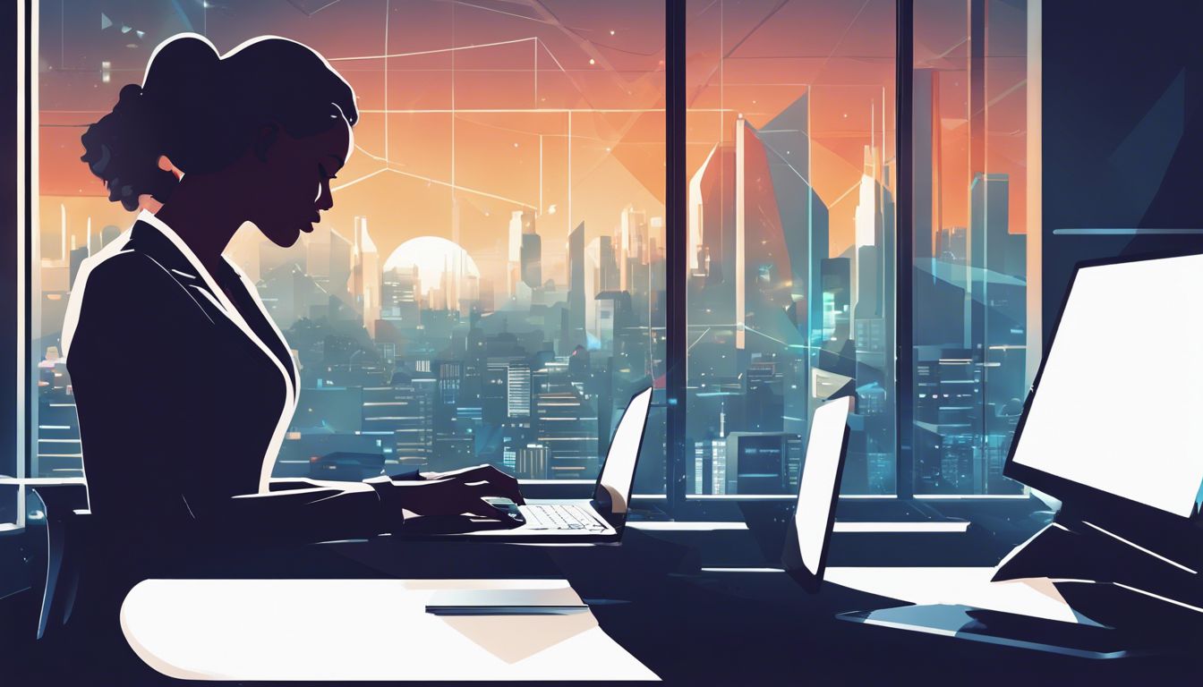 Een zakelijke professional werkt op een laptop met AFAS software in een moderne kantooromgeving, met uitzicht op de stad, wat productiviteit en innovatie uitstraalt.