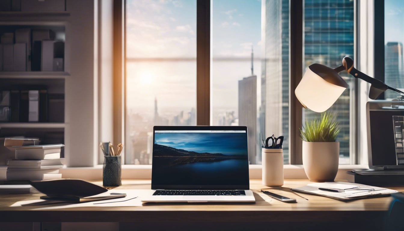 Een georganiseerd kantoor met een laptop, bestanden en kantoorspullen. Een georganiseerd kantoor met een laptop, bestanden en kantoorspullen.