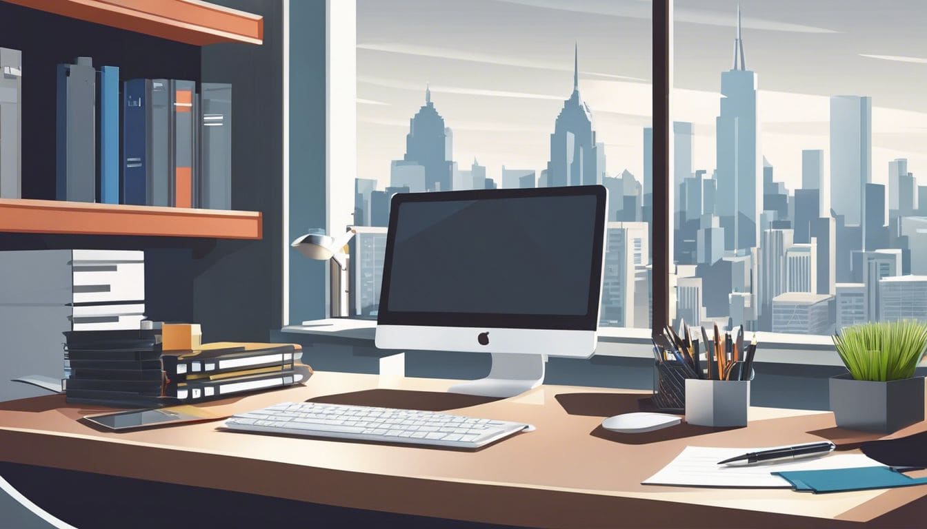 Een opgeruimd kantoorbureau met georganiseerde mappen en een computer.