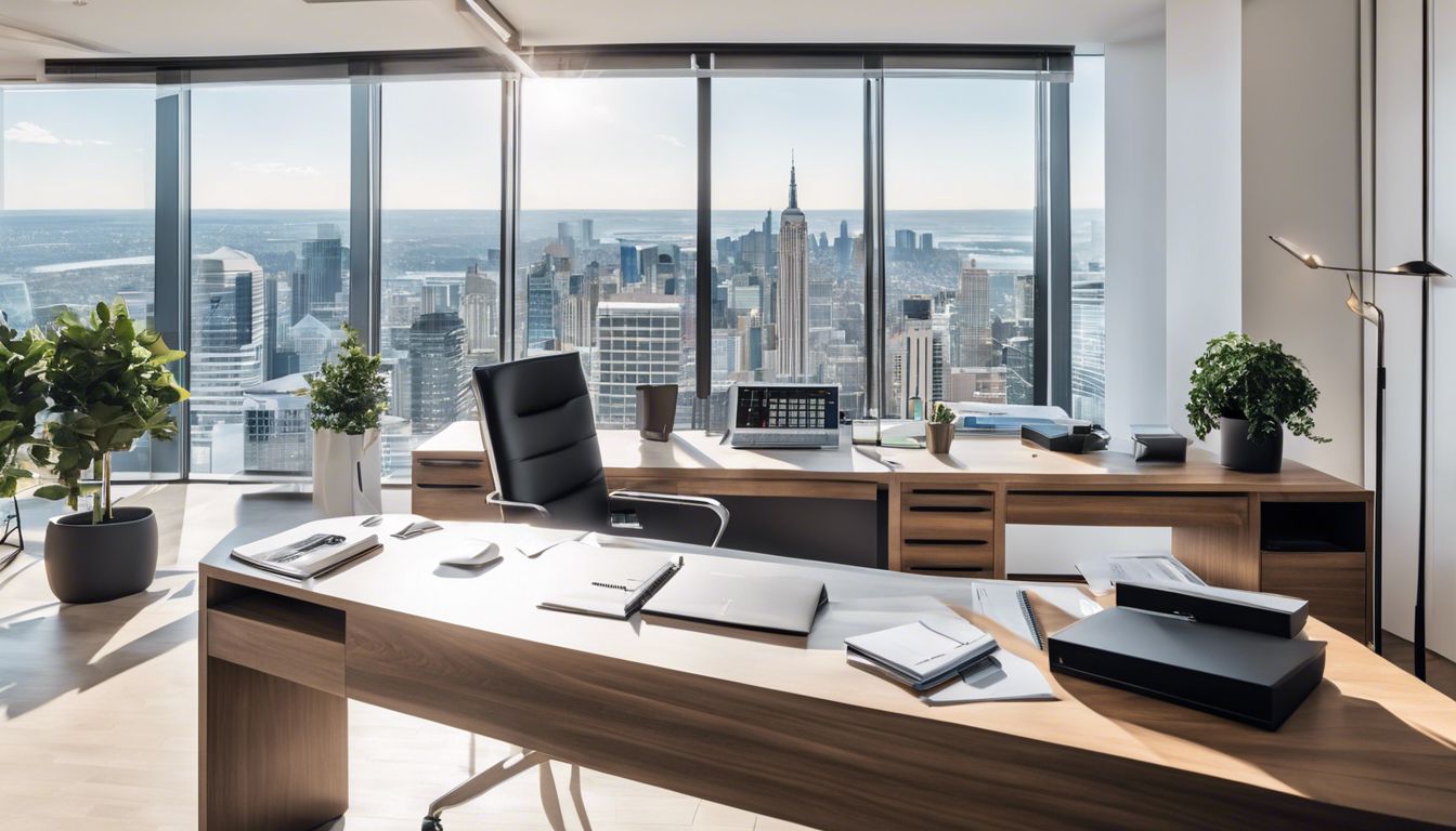 Een modern kantoor met computer, boekhoudsoftware en georganiseerd papierwerk.