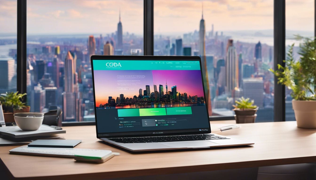 Een moderne laptop met CODA-accountingsoftware op een schone tafel.