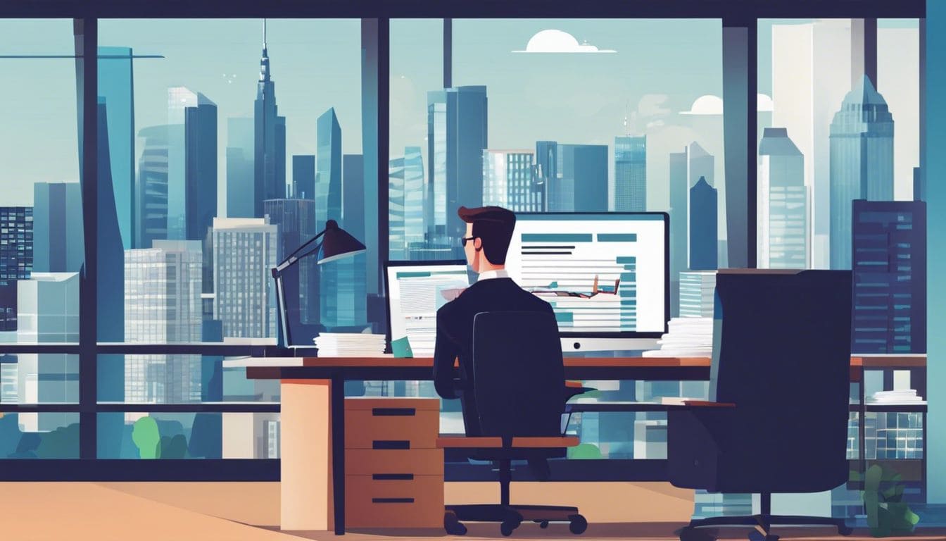 Een zakenman organiseert financi&euml;le documenten in een moderne kantooromgeving.