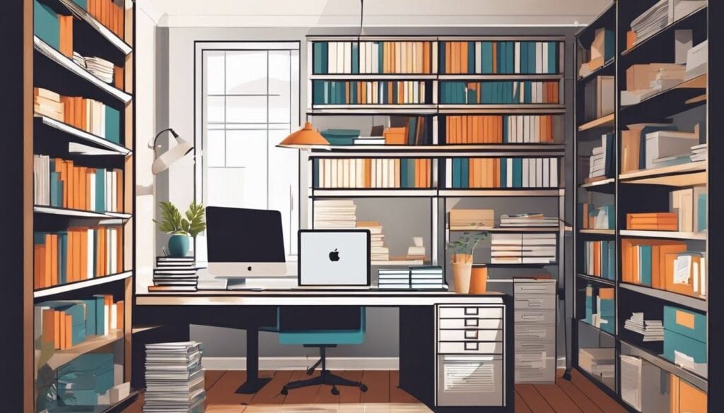 Een persoon organiseert bestanden in een opgeruimd thuiskantoor.