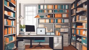 Een persoon organiseert bestanden in een opgeruimd thuiskantoor.