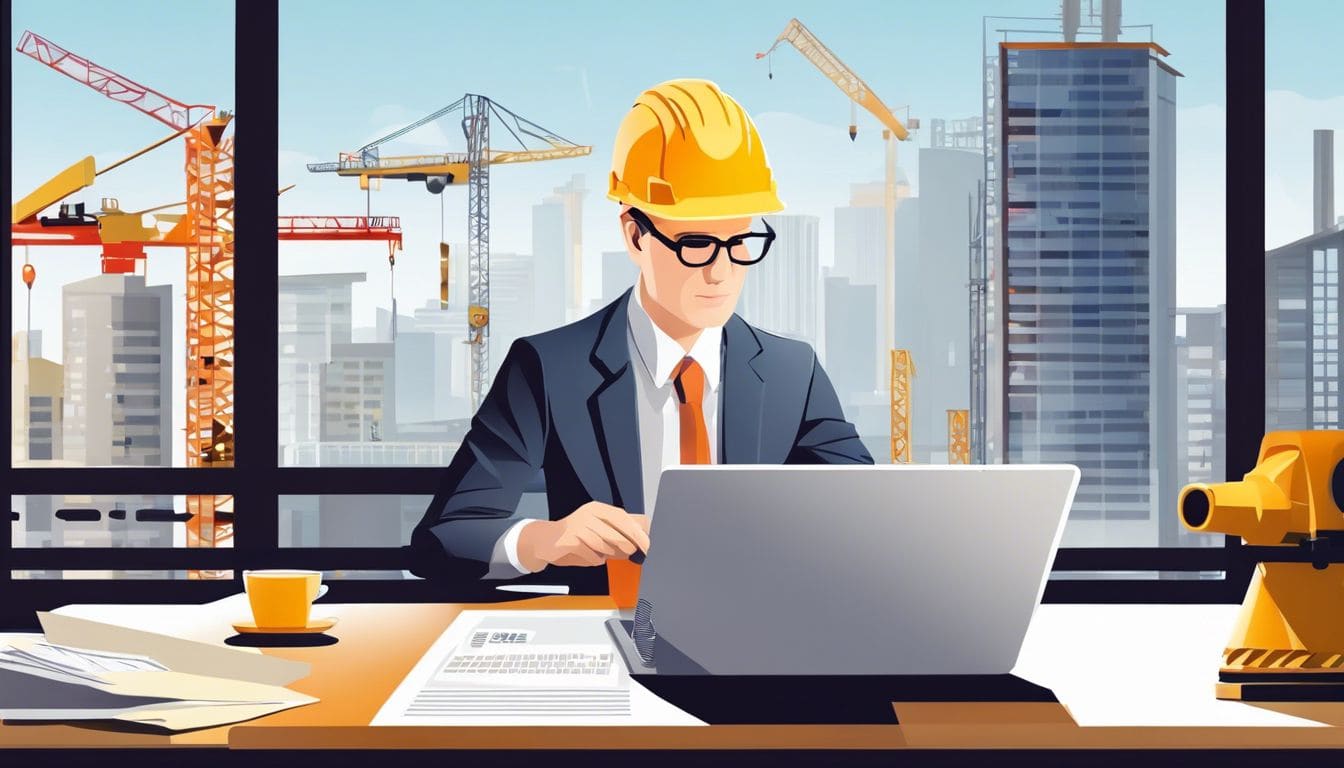 Een bouwmanager bekijkt financi&euml;le rapporten op een laptop op een bouwplaats.