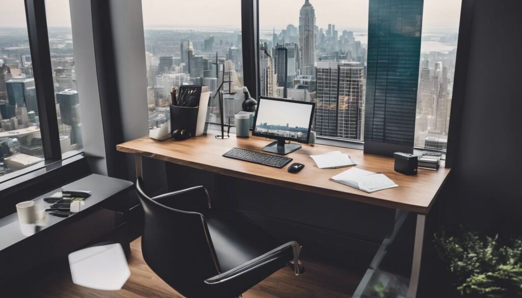 Een moderne kantoorwerkplek met uitzicht op een drukke stad.