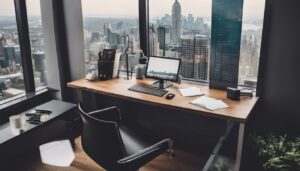 Een moderne kantoorwerkplek met uitzicht op een drukke stad.