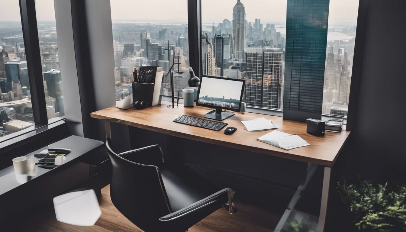 Een moderne kantoorwerkplek met uitzicht op een drukke stad.