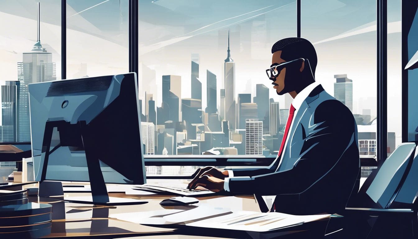 Een financieel analist bestudeert financi&euml;le gegevens in een moderne kantooromgeving.