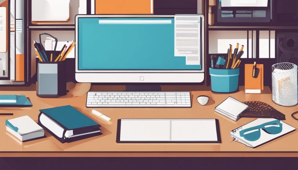 Een opgeruimd bureau met computer en kantoorbenodigdheden in flat design stijl.