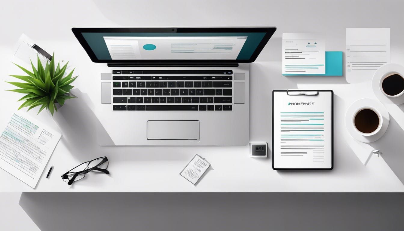 Een goed georganiseerd bureau met HR-gerelateerde documenten en een laptop.