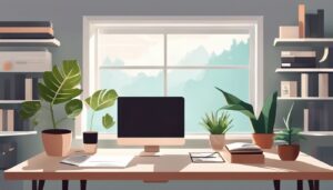 Een rustig en georganiseerd bureau met documenten en een plant.