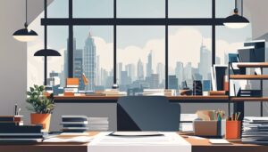 Een persoon zit aan een opgeruimd bureau, omgeven door kantoorbenodigdheden en stadsfotografie.