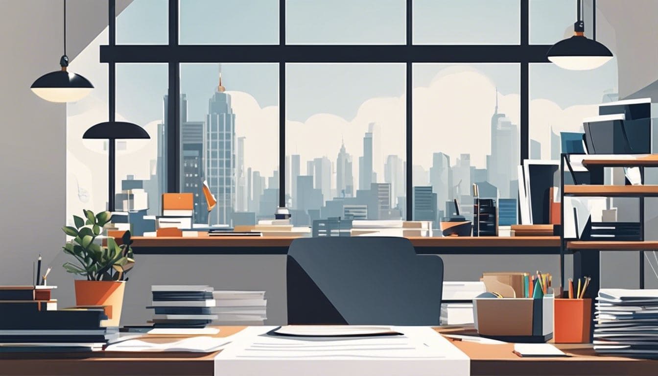 Een persoon zit aan een opgeruimd bureau, omgeven door kantoorbenodigdheden en stadsfotografie.