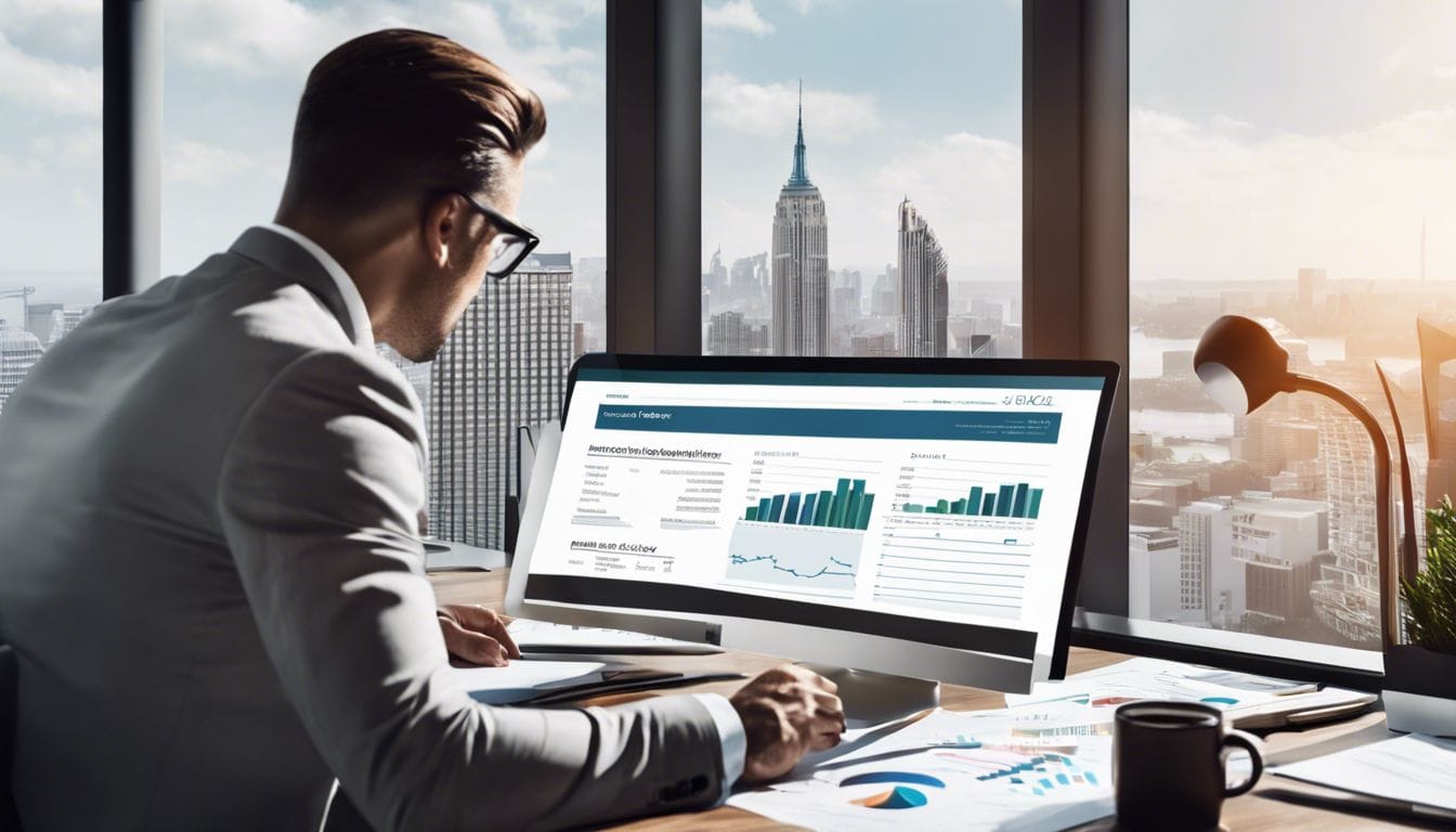 Een persoon bekijkt een balansoverzicht op kantoor met stadsgezicht op achtergrond.