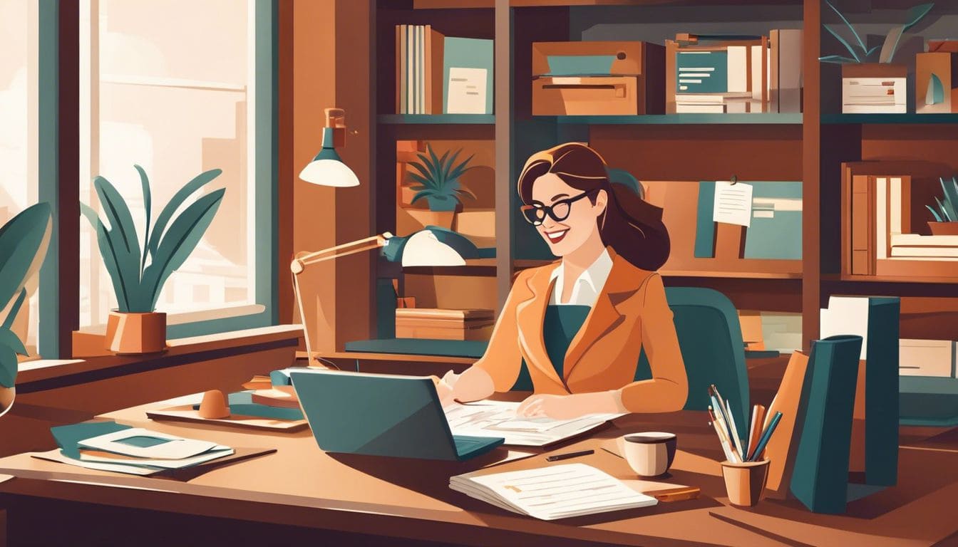 Een vrolijke kleine ondernemer organiseert financi&euml;le dossiers op een opgeruimd bureau.