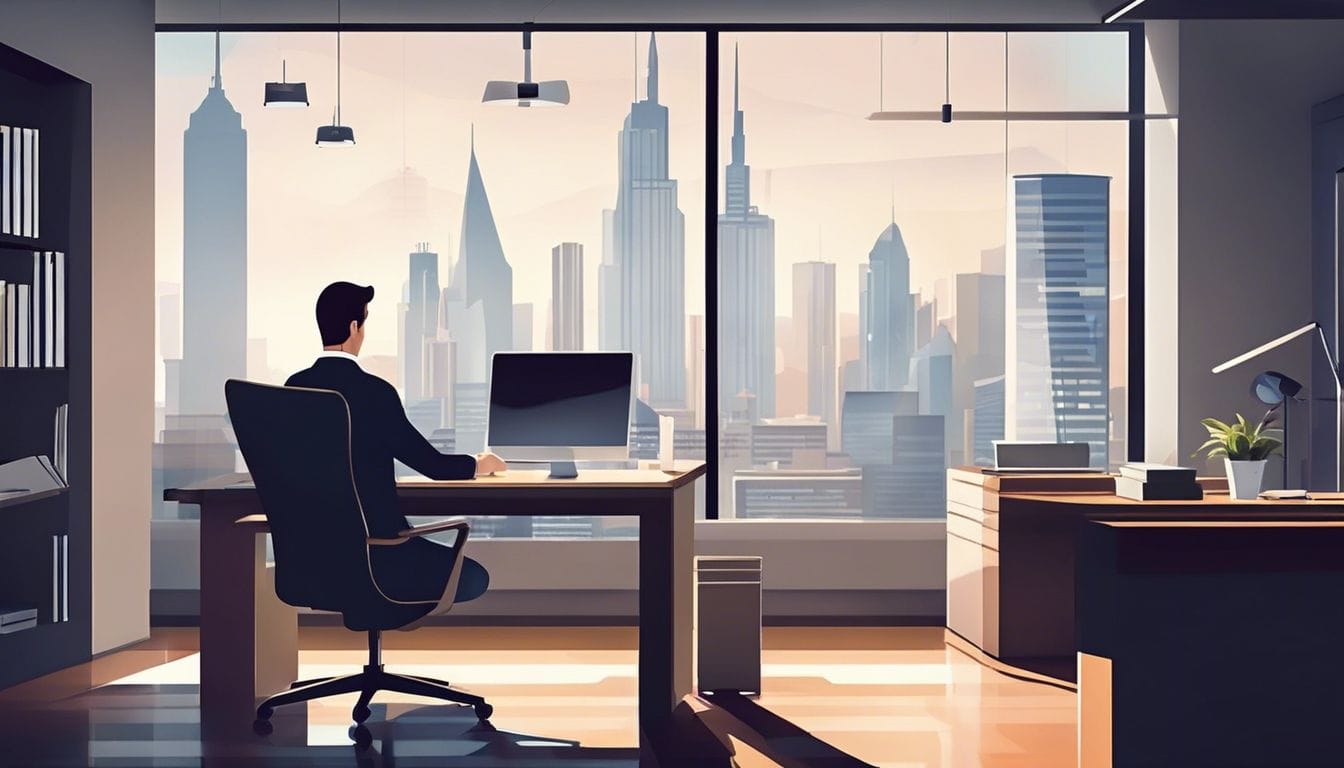 Een zakenman ordent papierwerk in een modern kantoor met strakke, minimalistische inrichting.