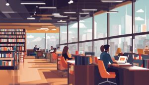 Een student gebruikt een laptop en financiële studieboeken in een moderne universiteitsbibliotheek.