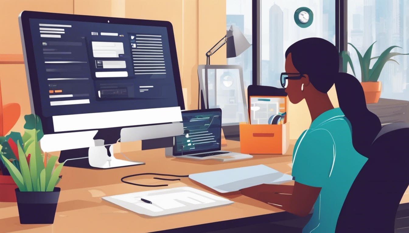 Een persoon logt in op Exact Online op een laptop in een georganiseerd kantoor.