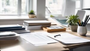 Een persoon organiseert papierwerk op een net bureau in een kantooromgeving.