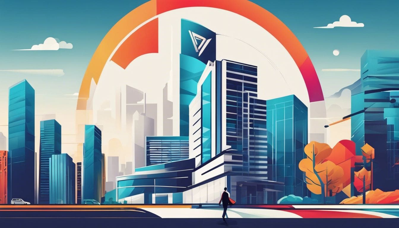 Een persoon houdt een gestileerd logo voor een modern kantoorgebouw.