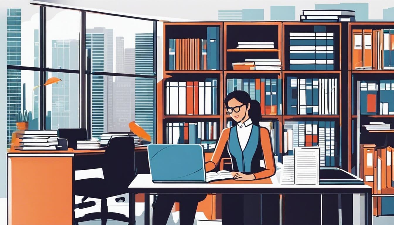 Een boekhouder sorteert bestanden in een opgeruimd kantoor met stadsuitzicht.