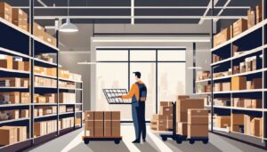 Een ondernemer sorteert nauwkeurig georganiseerde voorraad in een goed verlicht magazijn.