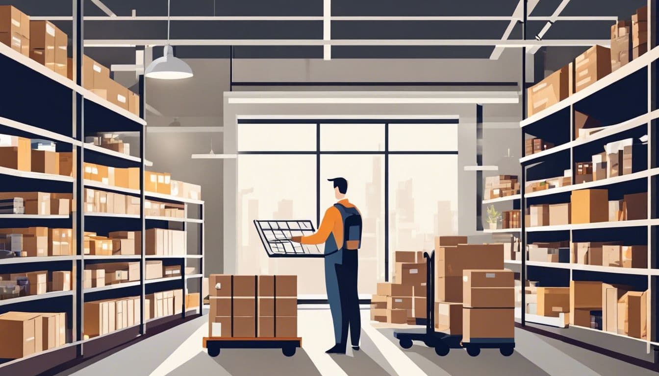 Een ondernemer sorteert nauwkeurig georganiseerde voorraad in een goed verlicht magazijn.